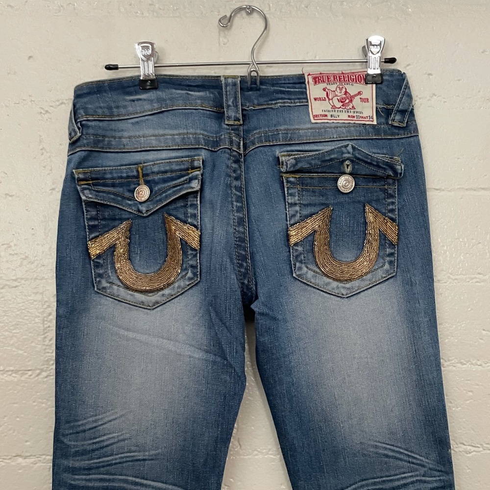 Rare gold beaded & wash faded true religion billy straight cut women’s jeans